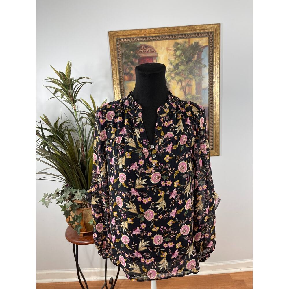 Loft Blouse Top Women's XS Black Floral Print Long Sleeve Split Neck Cottagecore